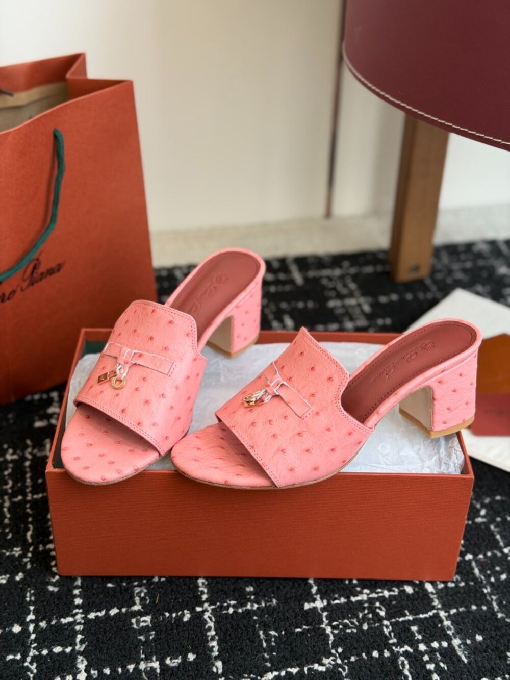 Loro Piana Ostrich Print Charms Heeled Mules Pink Block Heel Sandals